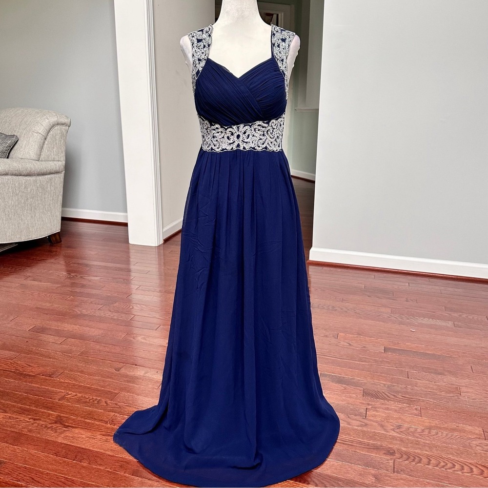Vintage Y2K Quiz Navy Blue Silver Embellished Gown Dress Feminine Ethereal